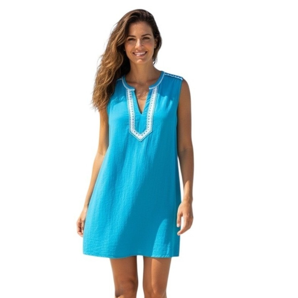 Patio Casuals Crepe Cotton Beach Womens Sz Medium Embroidered Resort Tunic Dress